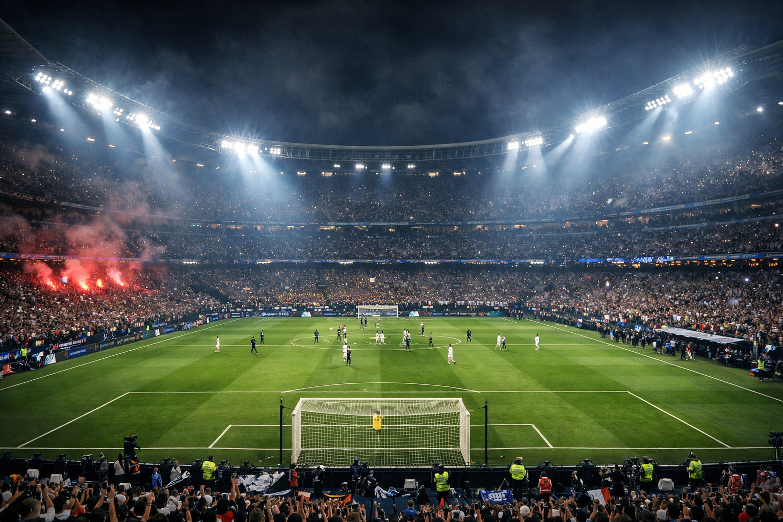Champions League final stadium atmosphere with floodlights