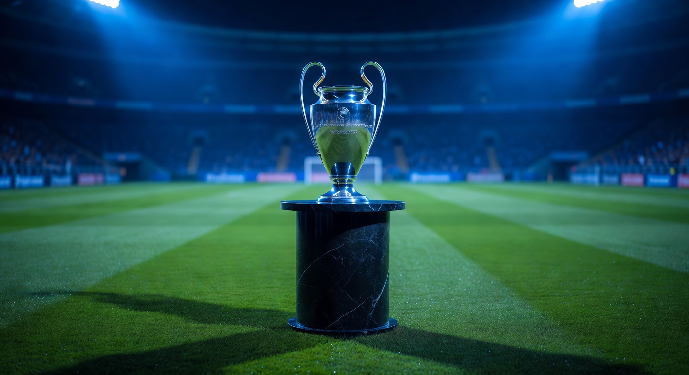 Champions League trophy on pedestal with blue stadium lights