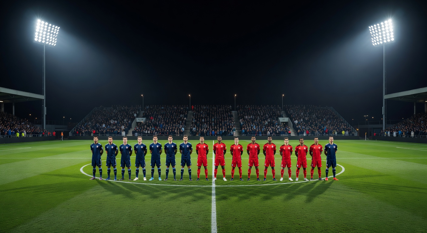 Floodlit football pitch with team lineup before match