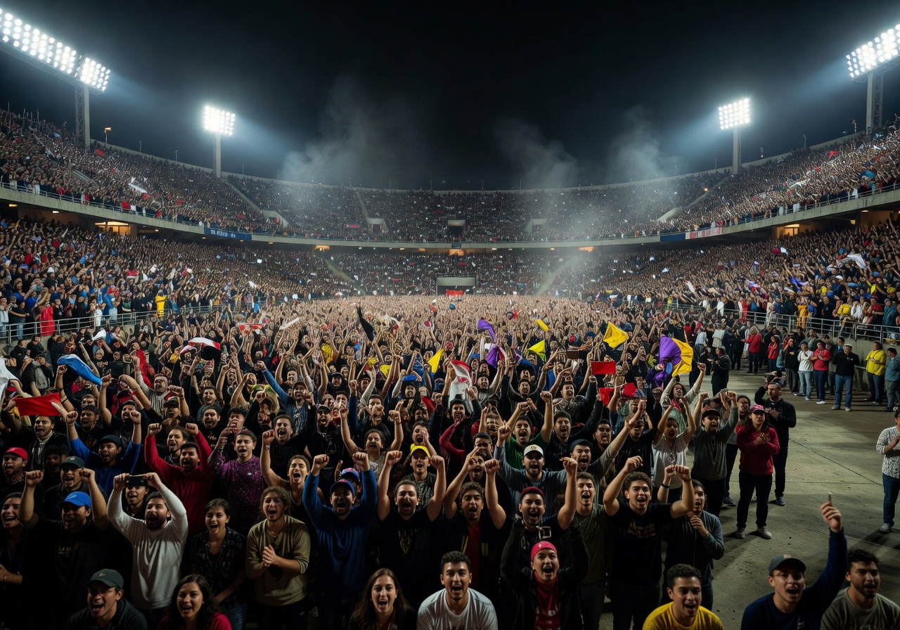 Floodlit stadium crowd atmosphere final night