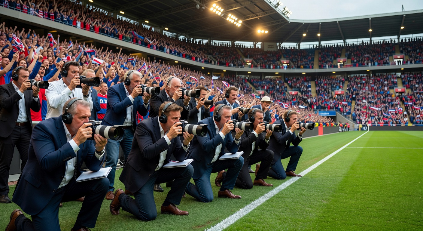 Football journalists and stadium crowd