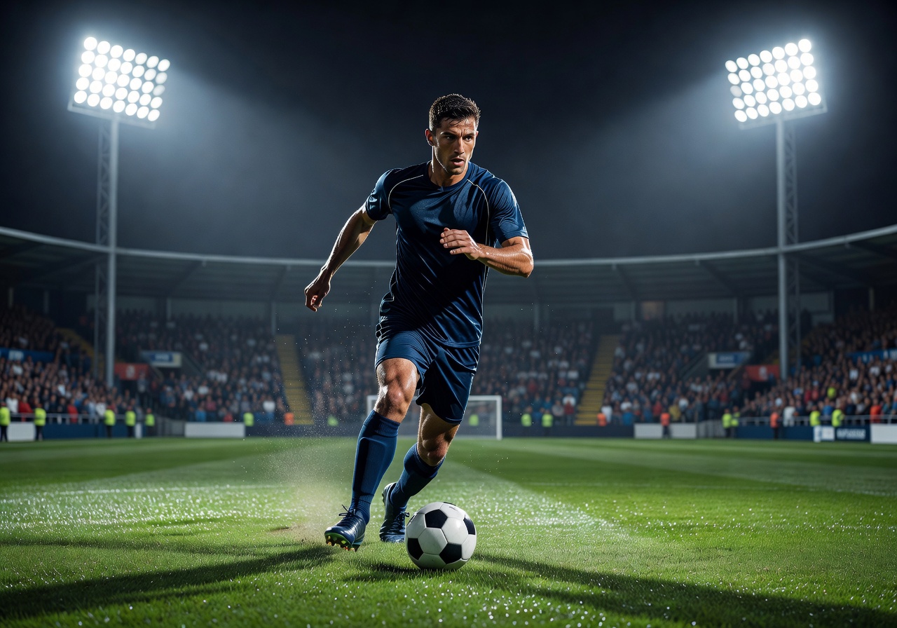 Footballer dribbling with ball in stadium