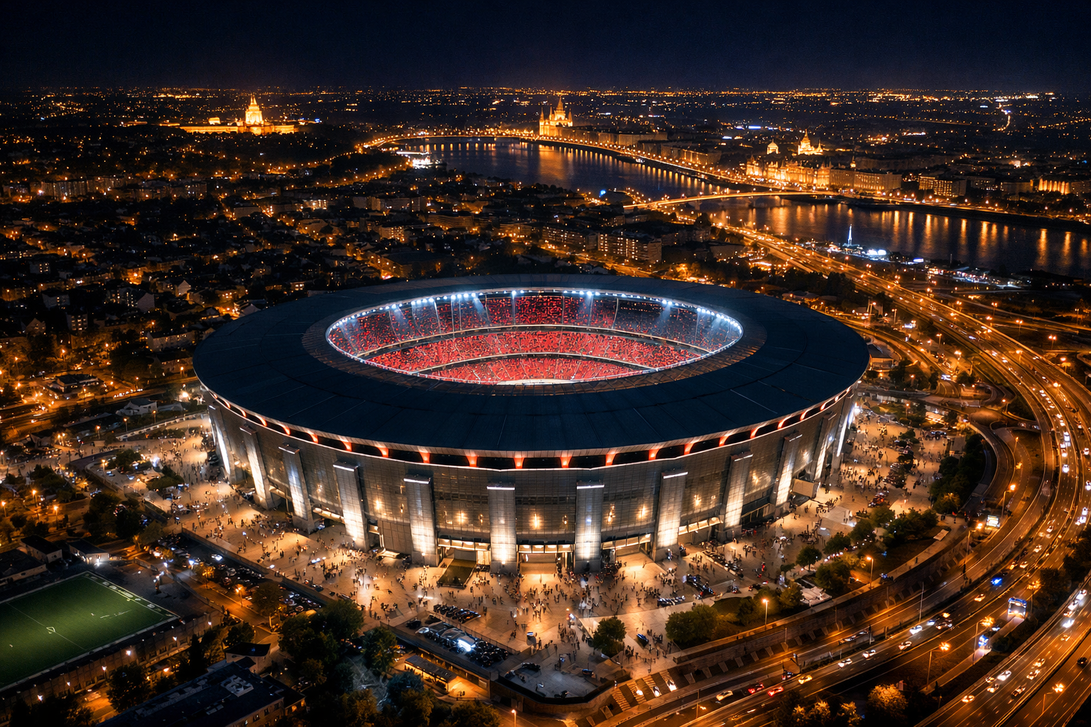 Puskas Arena Budapest aerial view at night